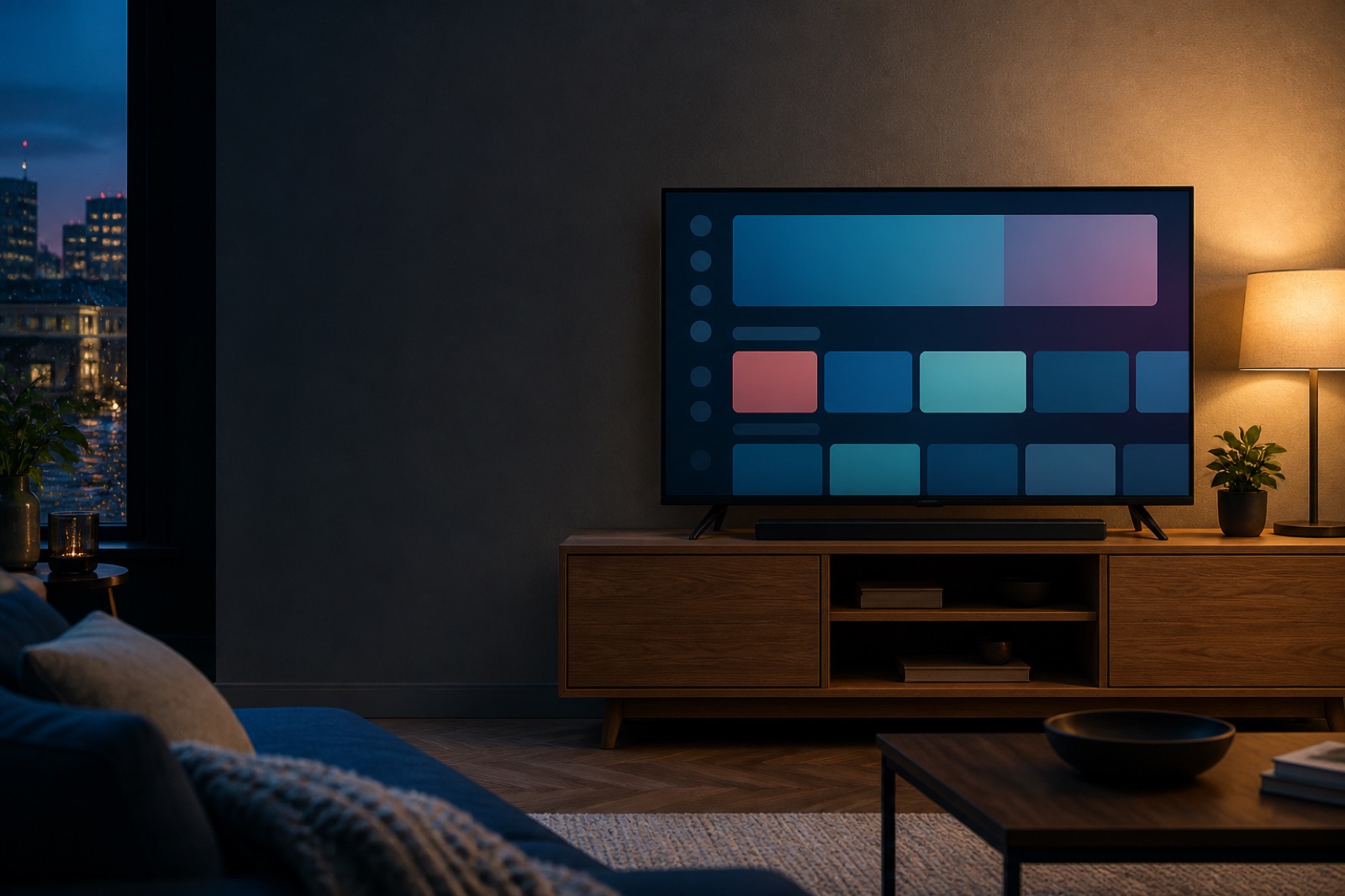 A modern television showing an abstract streaming guide in a UK living room