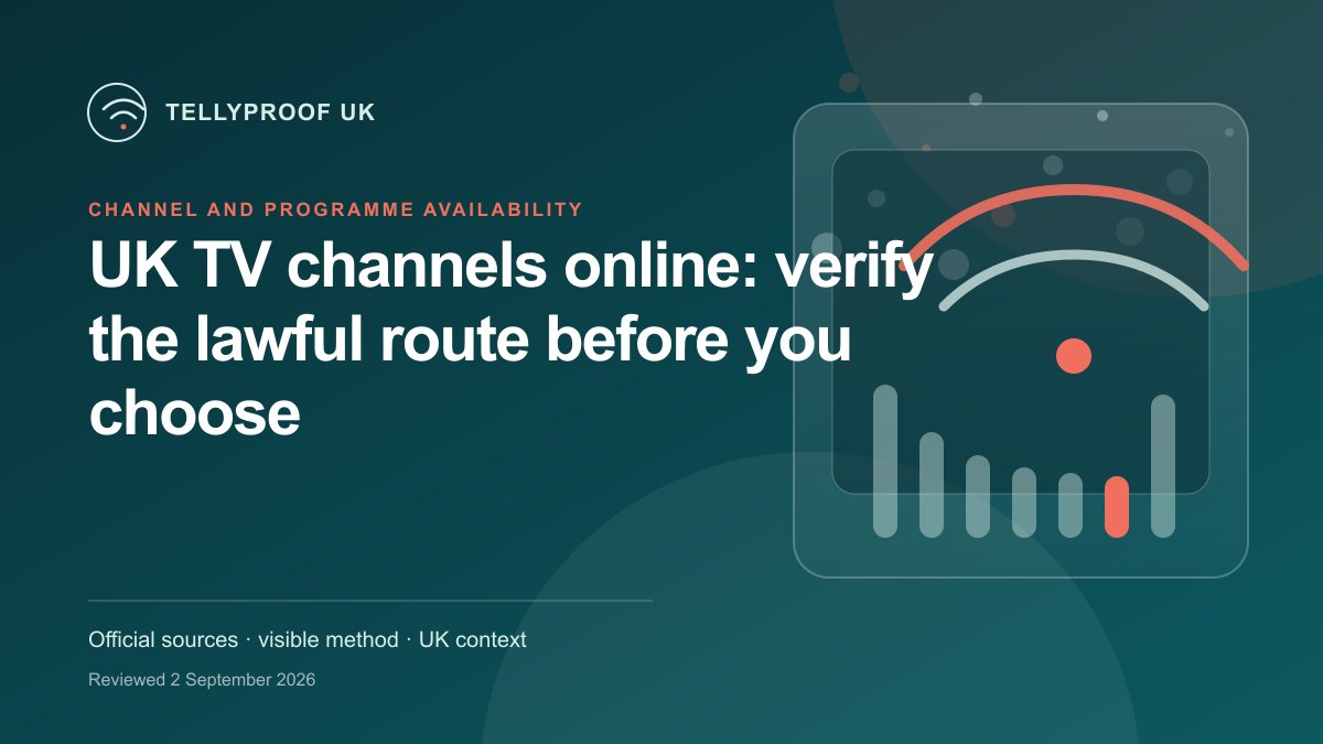 A UK television channel register linking live apps, programme guides, recording, regions and verified rights