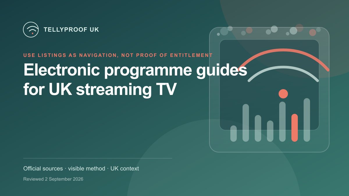 An accessible UK streaming television guide showing live, future and catch-up entries linked to official players