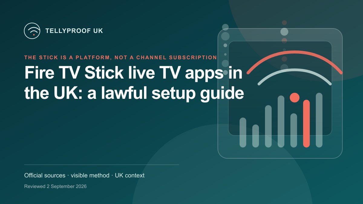 A Fire TV Stick showing recognised UK live television apps and a programme guide beside a safety checklist