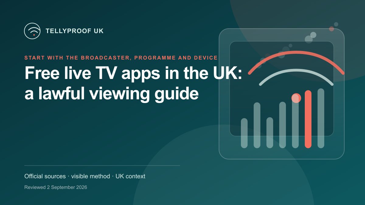 Official UK broadcaster apps arranged around a live TV guide with licence, device and accessibility checks