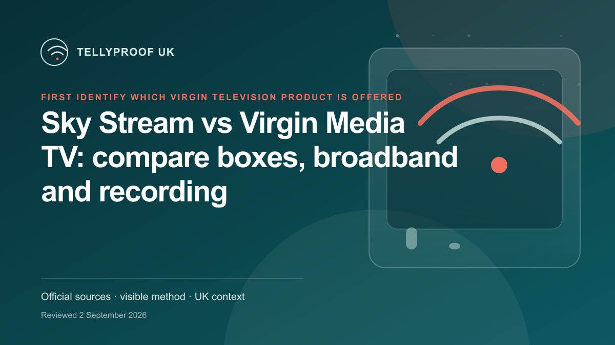 A Sky Stream puck compared with Virgin TV 360 and Virgin Stream by recording, broadband, multi-room and contract fit