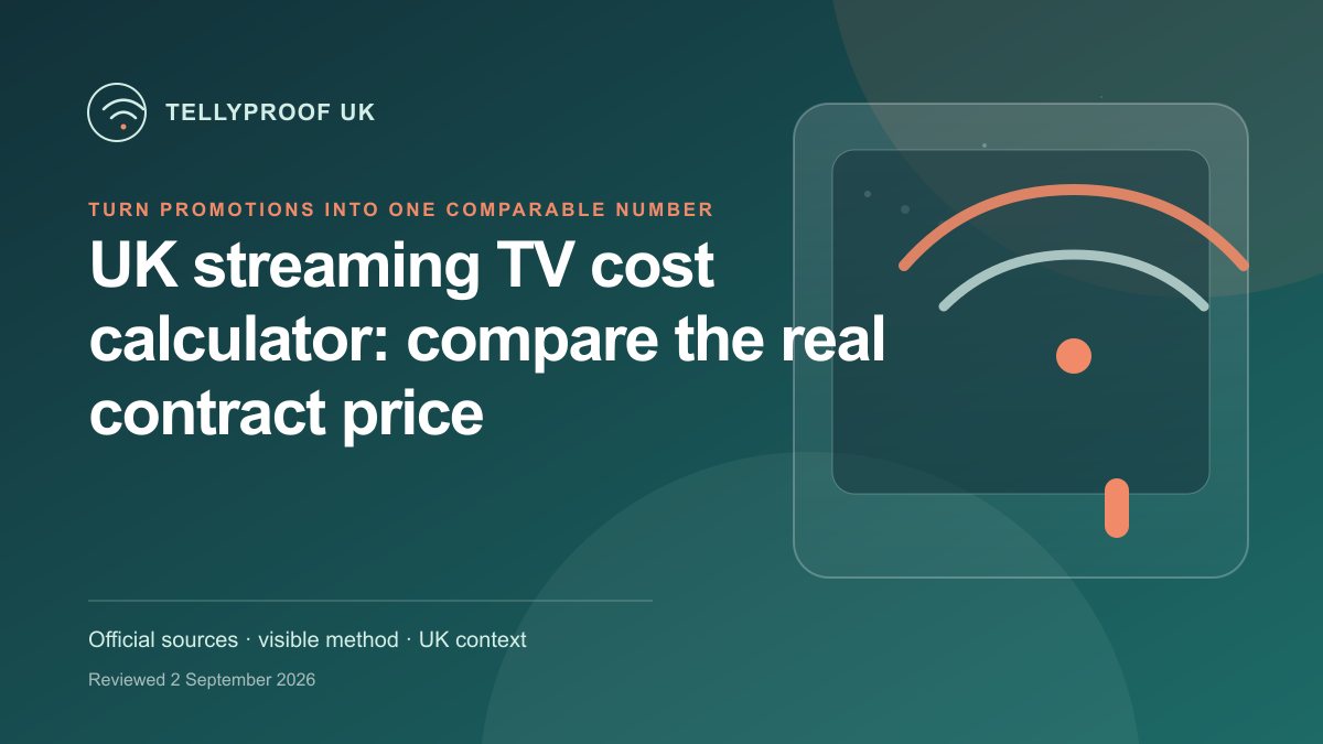 A UK streaming television cost worksheet comparing price phases, equipment, add-ons, credits and total contract cost