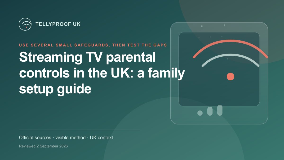 A UK family television setup mapping child profiles, app PINs, purchase controls, voice and casting routes