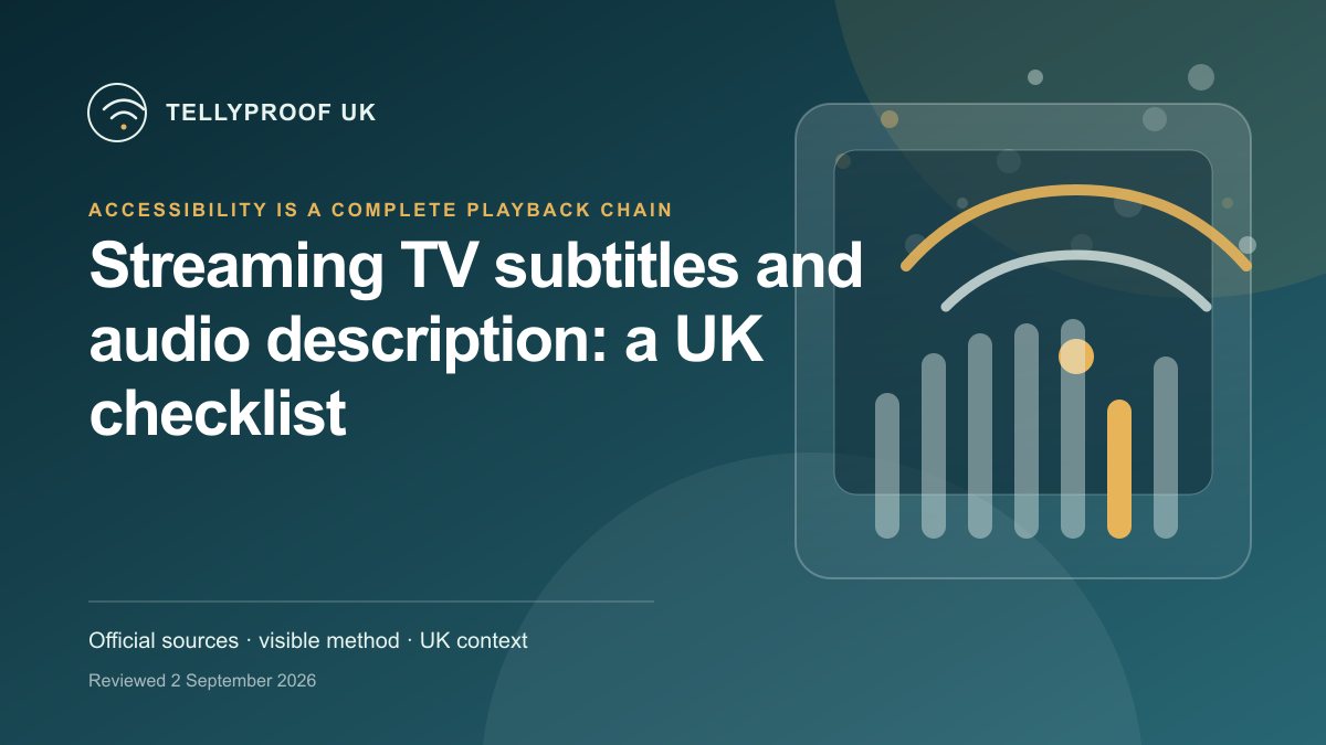 A UK streaming television showing subtitle controls, an audio-description symbol, spoken navigation and an accessible remote